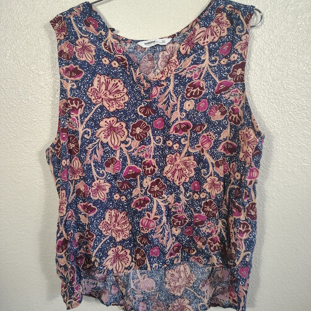 Sonoma Goods For Life Women's Floral Sleeveless Tank Top Size XXL Blue Pink V-Ne